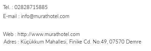 Demre Murat Hotel telefon numaralar, faks, e-mail, posta adresi ve iletiim bilgileri
